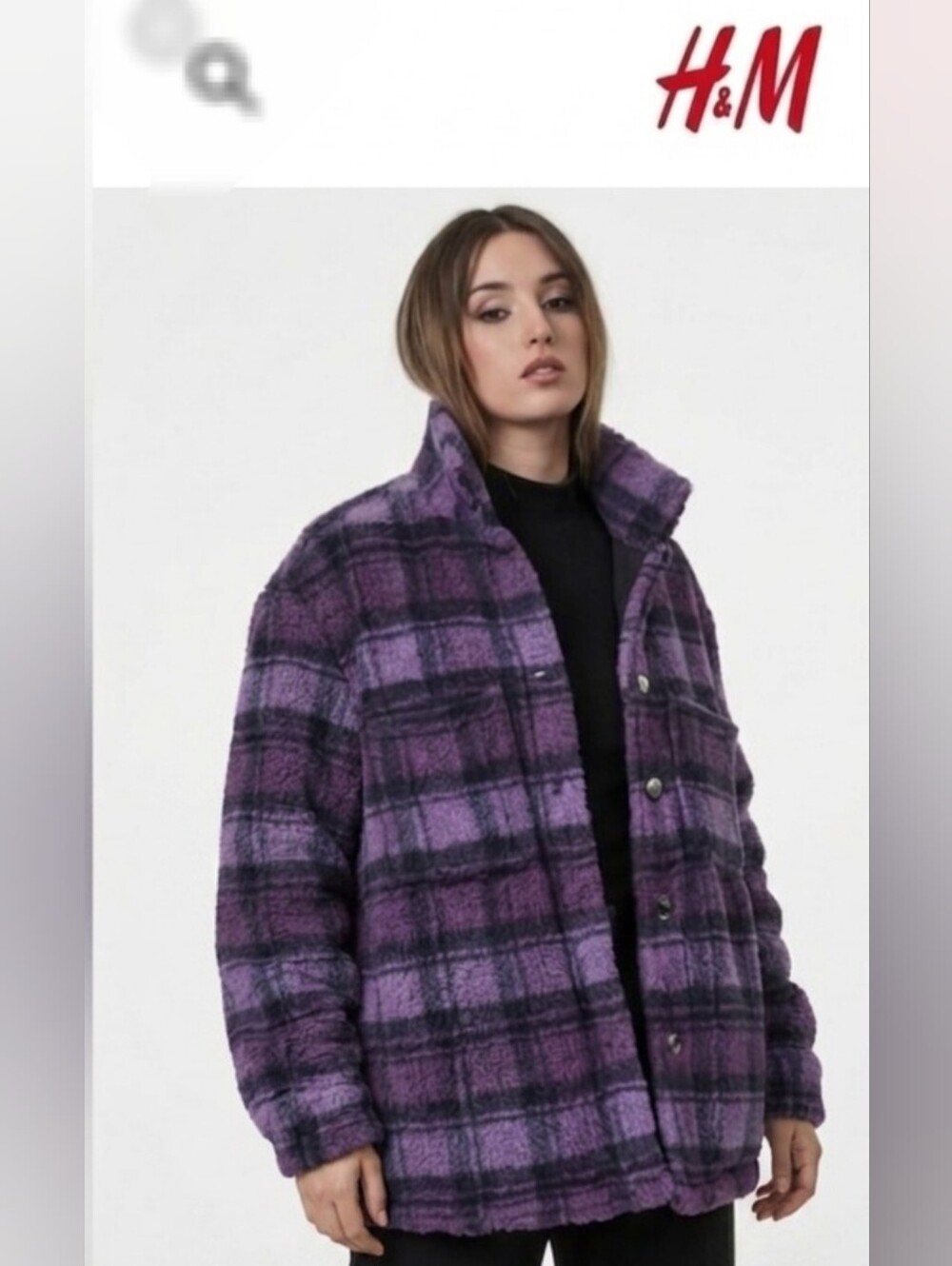H&M Purple Plaid Sherpa Teddy Jacket Relaxed Fit Oversized Medium